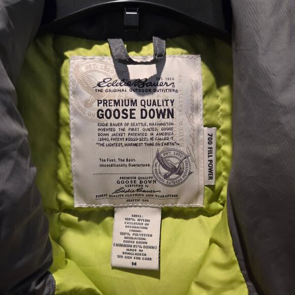 Eddie Bauer mens 700 fill power goose down vest sz M gray with neon green - Picture 3 of 5